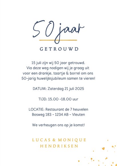 Uitnodiging huwelijksjubileum - gouden silhouet bruidspaar 3