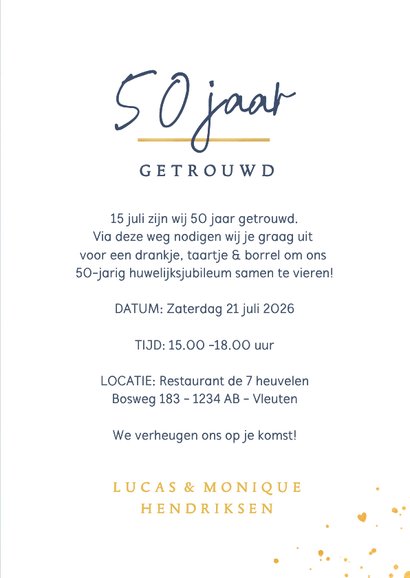 Uitnodiging huwelijksjubileum - gouden silhouet bruidspaar 3