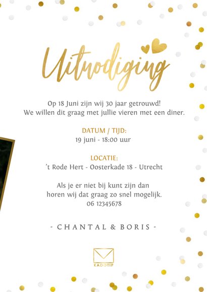 Uitnodiging huwelijksjubileum met grote foto en confetti 3