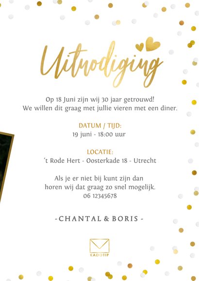 Uitnodiging huwelijksjubileum met grote foto en confetti 3