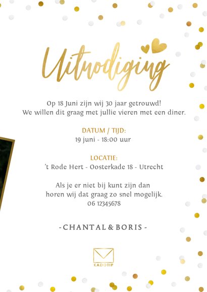 Uitnodiging huwelijksjubileum met grote foto en confetti 3