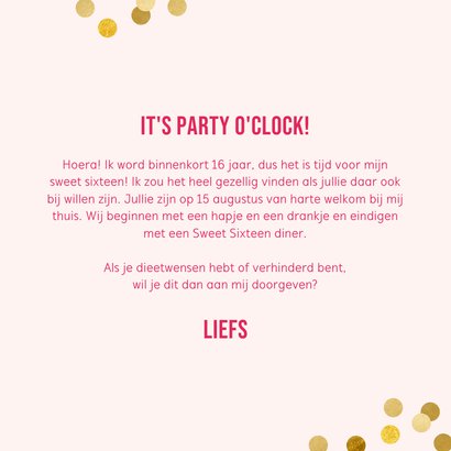 Uitnodiging it's party o'clock roze klok en gouden confetti 3
