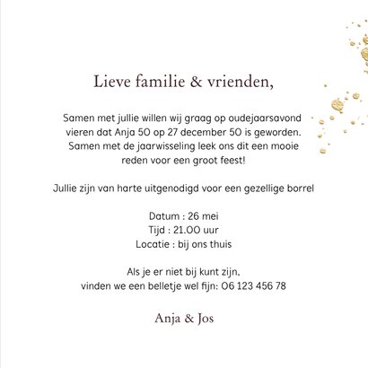 Uitnodiging jaarwisseling wijnglazen spetters goudlook foto 3