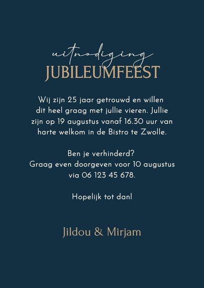Uitnodiging jubileum 25 jaar in bloemetjes donkerblauw goud 3