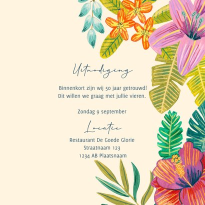 Uitnodiging Jubileum 50 jaar tropische Hawaii bloemen 3