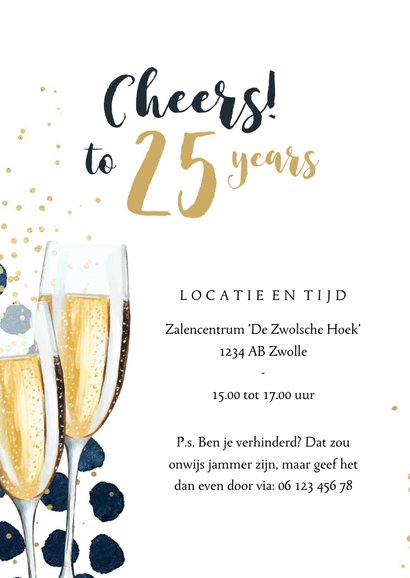 Uitnodiging jubileum borrel 25 jaar champagne goudfolie clip 2
