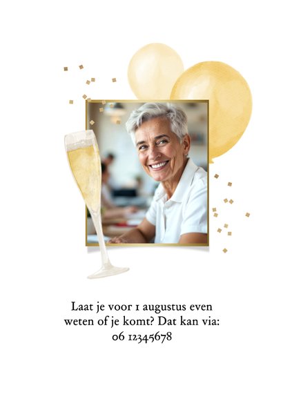 Uitnodiging jubileum medewerker ballonnen confetti foto goud 2