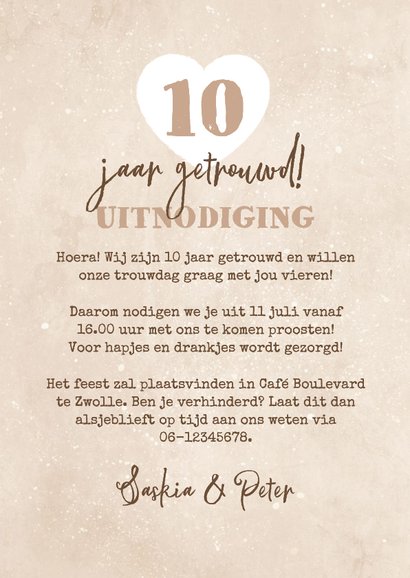 Uitnodiging jubileumfeest 10 jaar beige liefde hart 3
