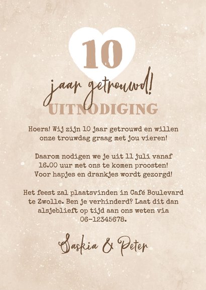 Uitnodiging jubileumfeest 10 jaar beige liefde hart 3