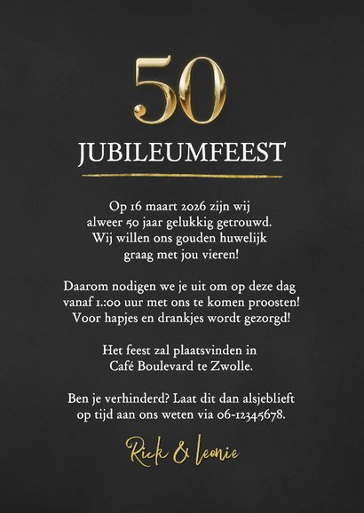 Uitnodiging jubileumfeest 50 jaar getrouwd confetti goud 3