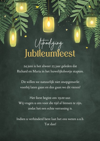 Uitnodiging jubileumfeest botanisch goud lampjes tuinfeest 3