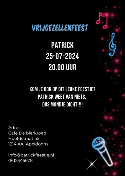 Uitnodiging karaokefeestje neon 3