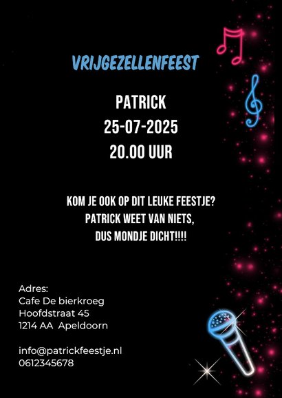 Uitnodiging karaokefeestje neon 3