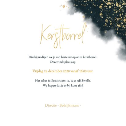 Uitnodiging kerstborrel blauwe waterverf, gouden spetters 3