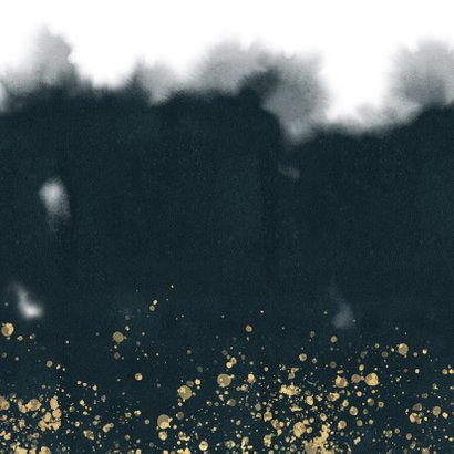 Uitnodiging kerstborrel blauwe waterverf, gouden spetters Achterkant