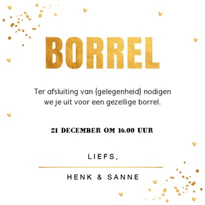 Uitnodiging kerstborrel goud confetti vierkant 3