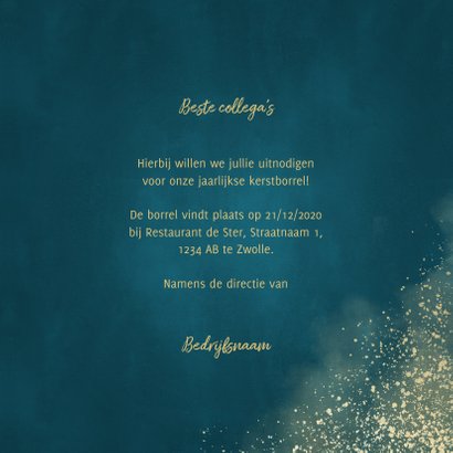 Uitnodiging kerstborrel gouden sneeuw en waterverf 3