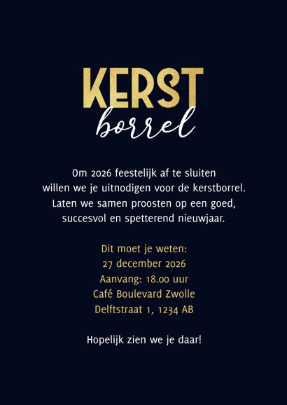 Uitnodiging kerstborrel kerstbal goud sterren 3