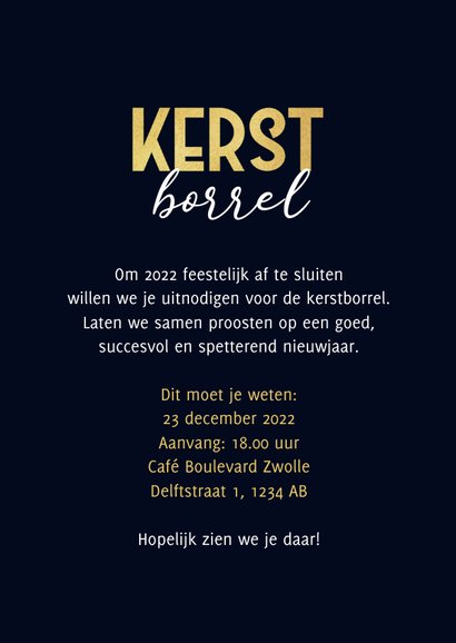 Uitnodiging kerstborrel kerstbal goud sterren 3
