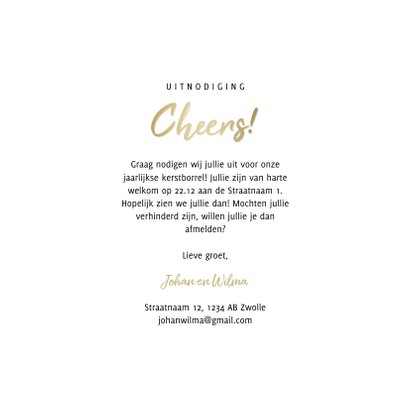 Uitnodiging kerstborrel proostende glazen met gouden cheers 3