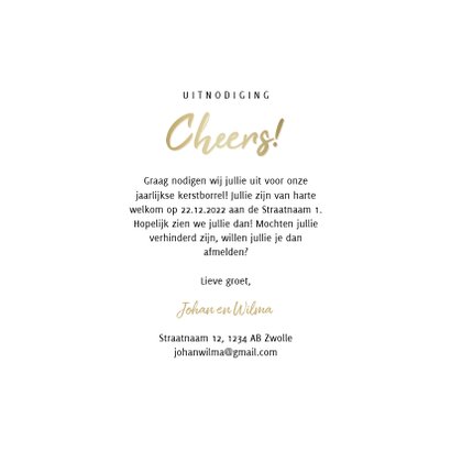Uitnodiging kerstborrel proostende glazen met gouden cheers 3