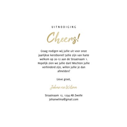 Uitnodiging kerstborrel proostende glazen met gouden cheers 3