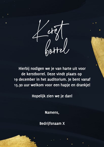 Uitnodiging kerstborrel verfstepen goud 3