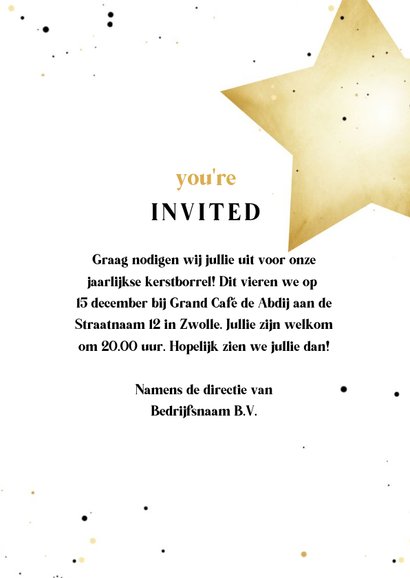 Uitnodiging kerstborrel zwart wit goud met sterren 3