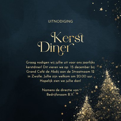 Uitnodiging kerstdiner blauw met gouden kerstbomen en logo 3
