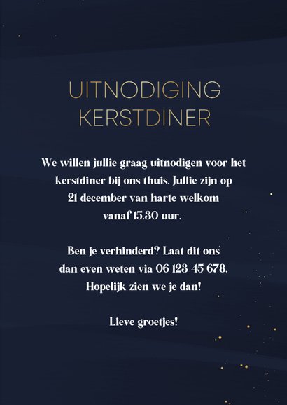 Uitnodiging kerstdiner donkerblauw met goudlook en foto 3