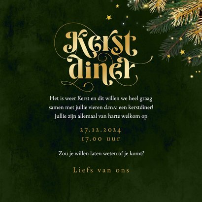 Uitnodiging kerstdiner goud groen sterren sparkle 3