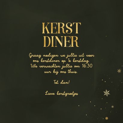 Uitnodiging kerstdiner groen sneeuwvlok goud 3