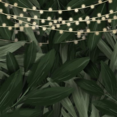 Uitnodiging kerstdiner jungle bladeren met lampjes Achterkant