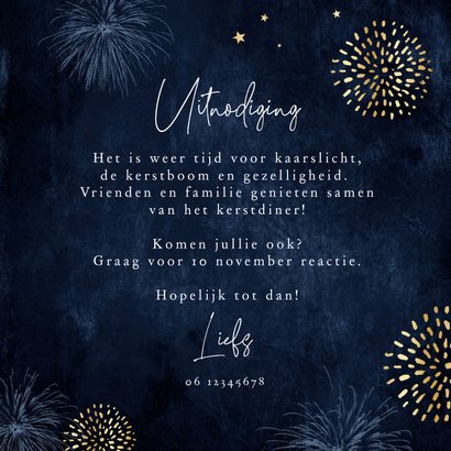 Uitnodiging kerstdiner kerstbal vuurwerk sterren foto goud 3