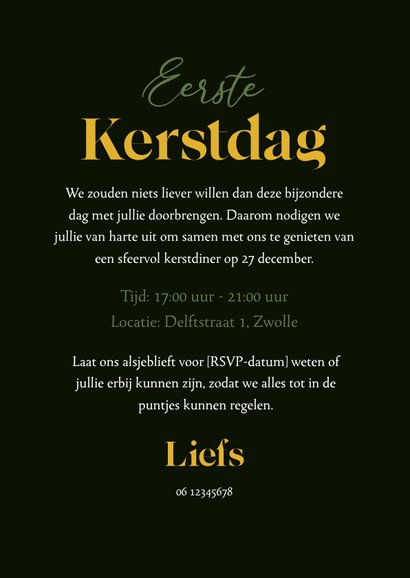 Uitnodiging kerstdiner kerstboom groen goud sterretjes 3