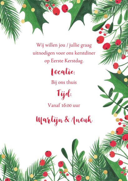 Uitnodiging kerstdiner kersttakken, hulst en confetti 3