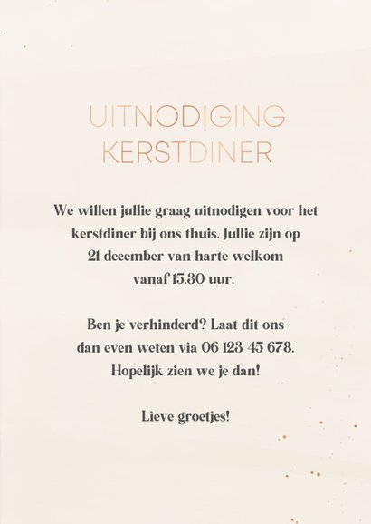 Uitnodiging kerstdiner roze met koperdetails en foto 3