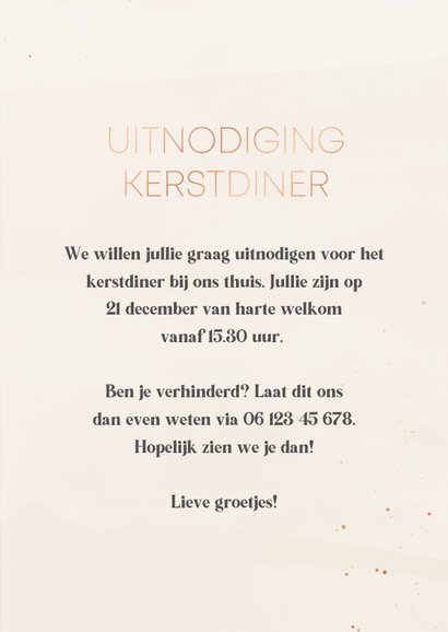 Uitnodiging kerstdiner rozetinten met koperdetails en foto 3