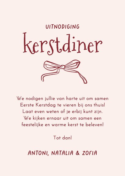 Uitnodiging kerstdiner strikjes foto kandelaar lintjes kader 3