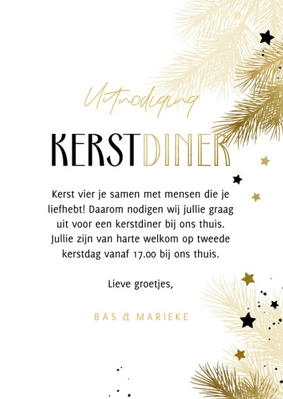 Uitnodiging kerstdiner zwart-wit goud met takjes en sterren 3