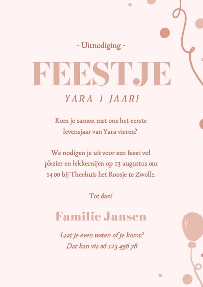 Uitnodiging kind eerste verjaardag roze met foto 3