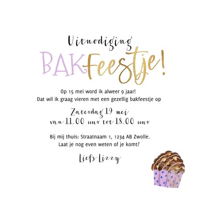 Uitnodiging kinderfeest bakfeestje muffin sterren goud foto 3