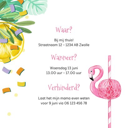 Uitnodiging kinderfeest ‘Pool Party’ tropisch flamingo 2