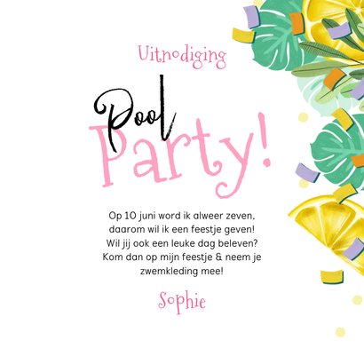 Uitnodiging kinderfeest ‘Pool Party’ tropisch flamingo 3