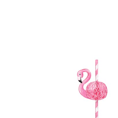 Uitnodiging kinderfeest ‘Pool Party’ tropisch flamingo Achterkant