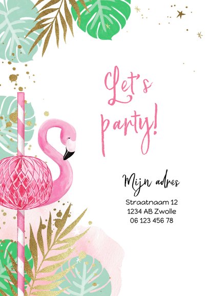 Uitnodiging kinderfeest tropical flamingo en goud 2