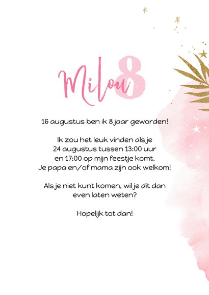 Uitnodiging kinderfeest tropical flamingo en goud 3