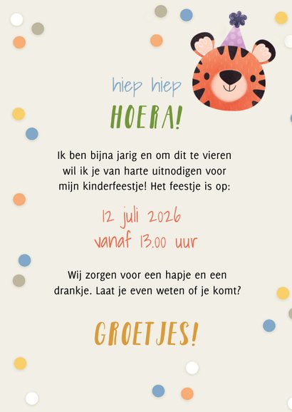 Uitnodiging kinderfeestje 1 jaar diertjes met feesthoedjes 3