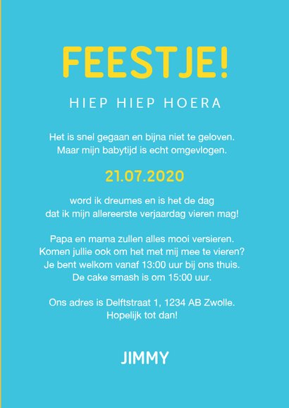 Uitnodiging kinderfeestje 1 jaar jongen feestelijk foto 3