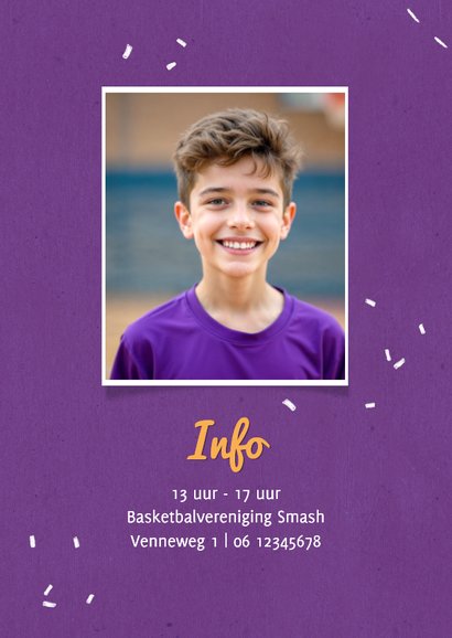 Uitnodiging kinderfeestje basketbal foto stoer 2